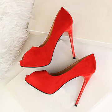 Red Strap Stiletto Suede Ankle High Heels