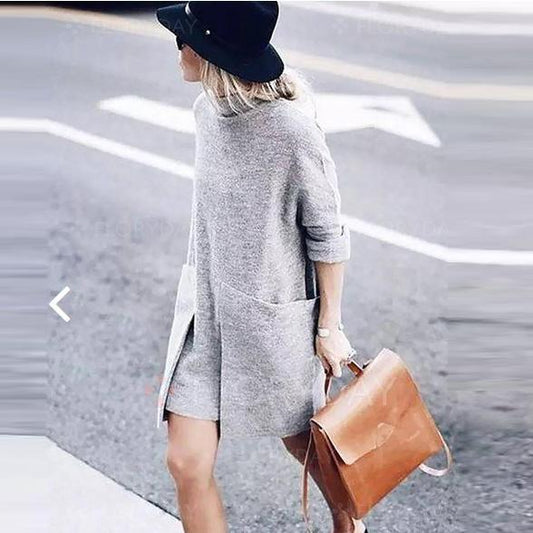 Turtleneck Big Pockets Loose Oversized Gray Sweater Dress