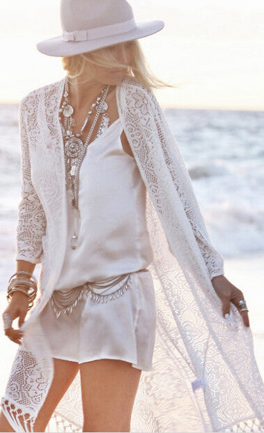 White Lace Tassels Long Cover Up Beach Cardigan Dress
