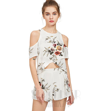 Flower Print Irregular Ruffles Crop Top with Wide-Legs Shorts Two Pieces Set