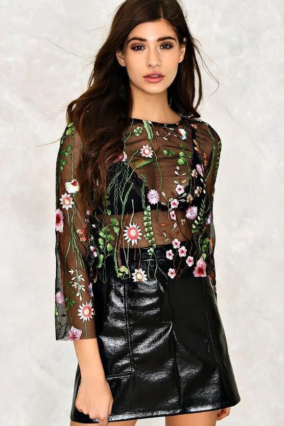 Scoop Embroidery Transparent Mesh Long Sleeves Short Blouse