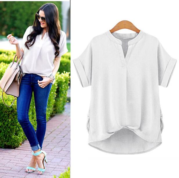 Plus Size V-neck Pure Color Short Sleeves Blouse - Meet Yours Fashion - 3