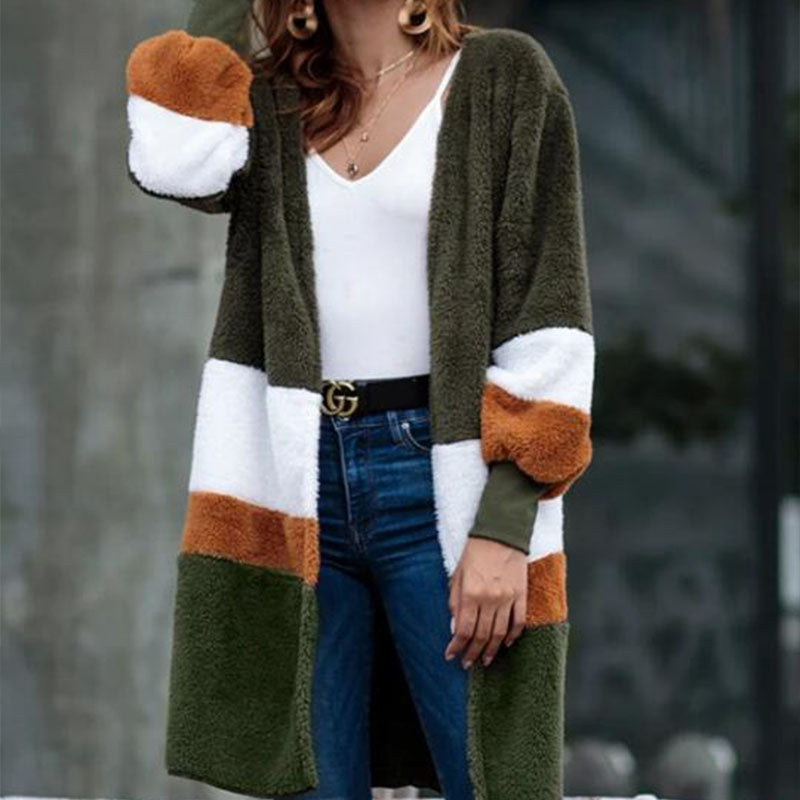 Open Front Fuzzy Colorblock Cardigan Coat