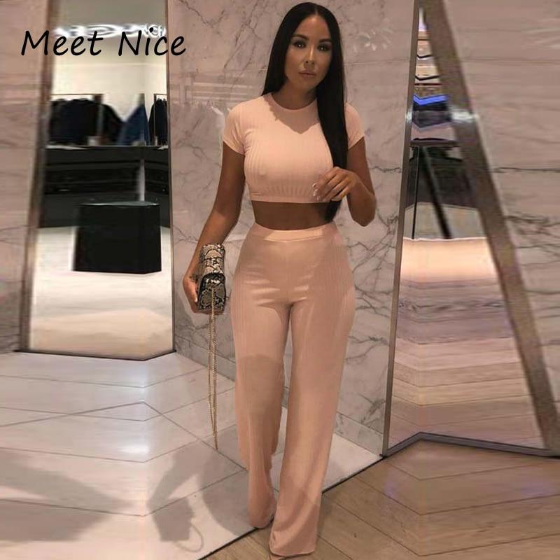 Two Piece Set Women Ribbed O Neck Crop Top and Long Pants Set Sexy Autumn Short Sleeve Tracksuit