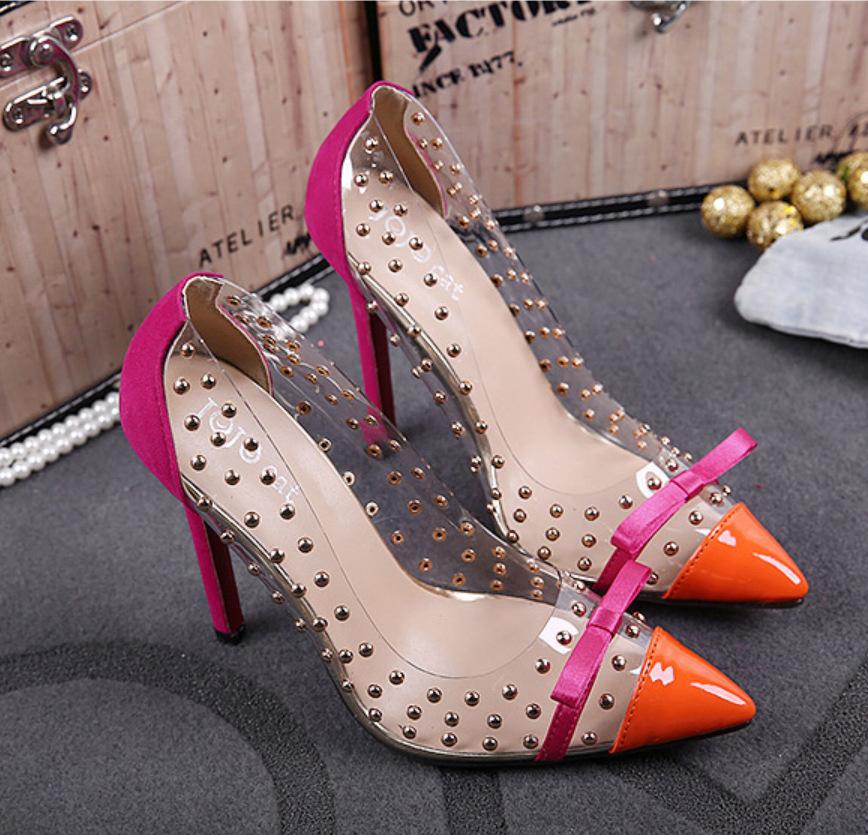 Pointed Toe Bowknot Decorate Rivets Stiletto High Heels Party Shoes
