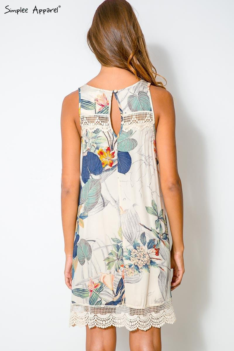 Sleeveless Irregular Print Lace O-neck Short Dress