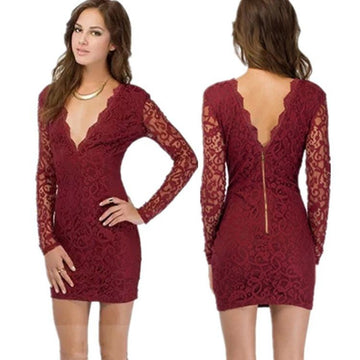 Lace Floral V-neck Backless Long Sleeve Short Dress - Meet Yours Fashion - 2
