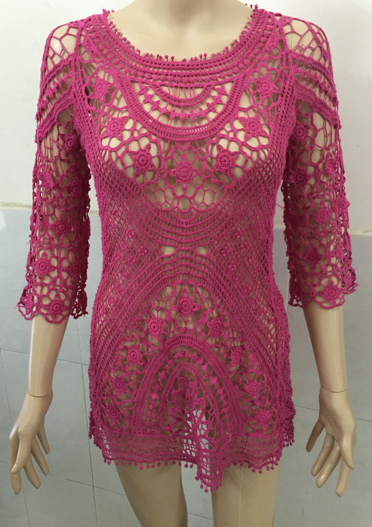 Pure Color Crocheting Hollow Out Lace Short Beach Cover Up Dress