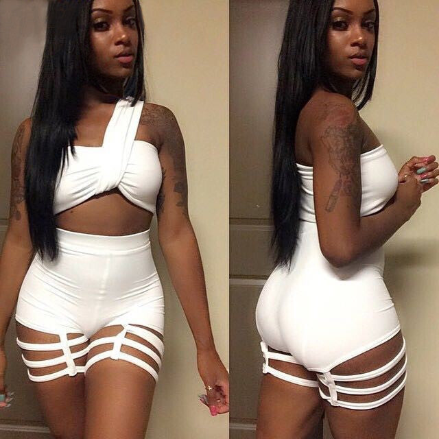 One Shoulder Sleeveless Crop Top Hollow Out Bandage Shorts Two Pieces Set