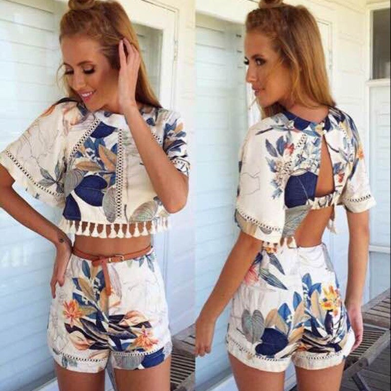 Hollow Out Print Tassel Short Sleeves Crop Top and Shorts Suit - May Your Fashion - 3