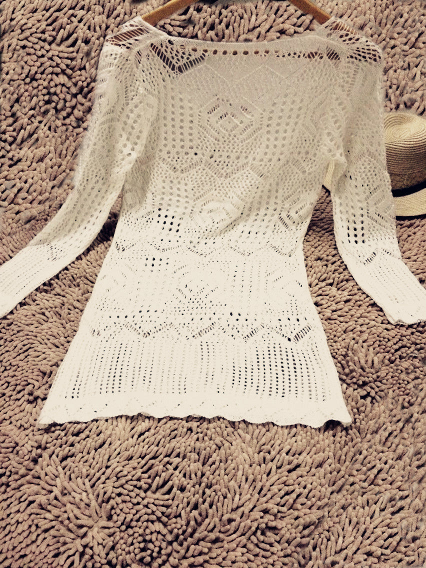 Crocheting Hollow Out Lace Long Sleeve Short Beach Cover Up Dress