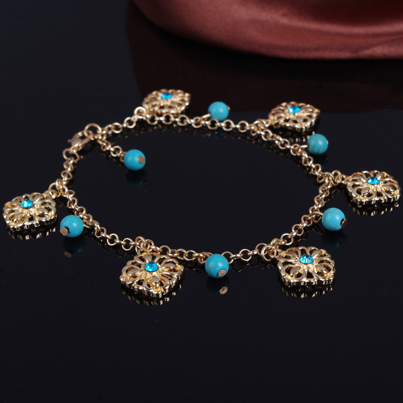 Bohemia Tophus Beads Blue Crystal Flower Tassel Anklet