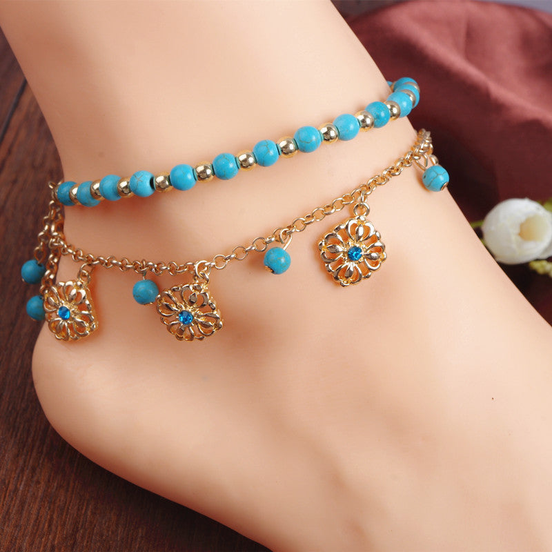 Bohemia Tophus Beads Blue Crystal Flower Tassel Anklet