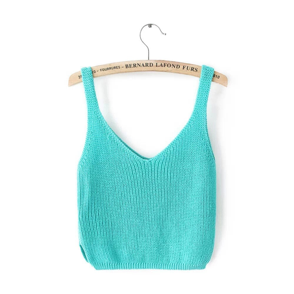 Knitting Spaghetti Strap V-neck Pure Color Vest - May Your Fashion - 8
