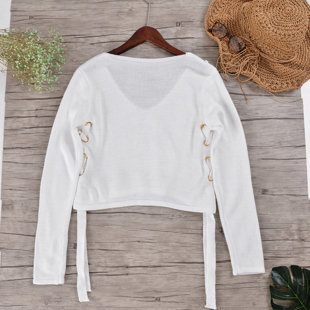Straps Deep V-neck Pure Color Crop Pullover Sweater