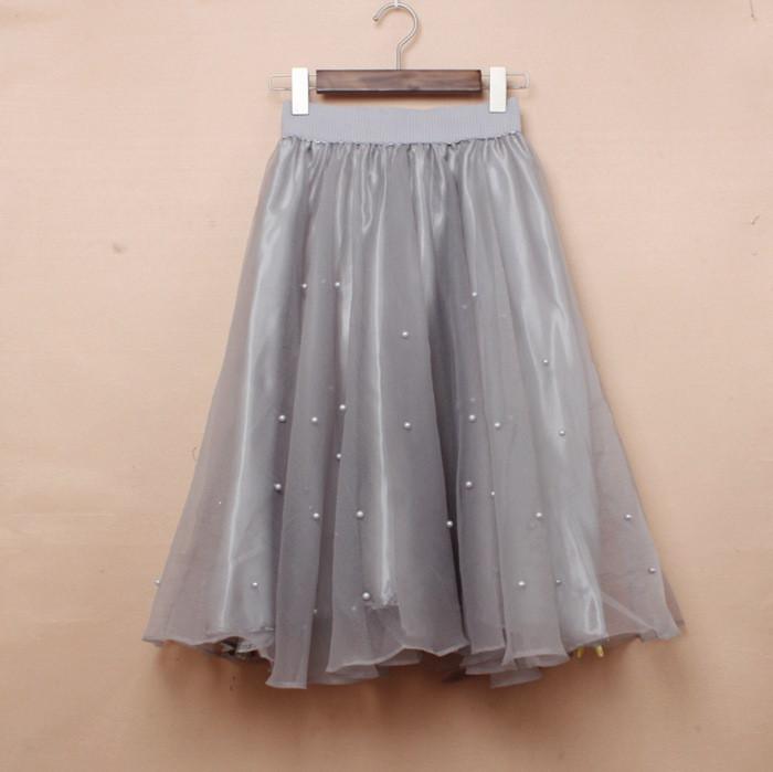Charming High Waist Pure Color Beads Pleated Skirt