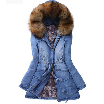 Big Wool Hooded Drawstring Jean Mid-length Cotton Coat