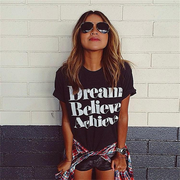 Dream Believe Achieve Letter Print Woman Top T-shirt - May Your Fashion - 1