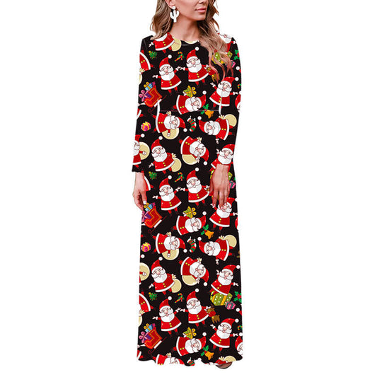 Christmas Black Santa Print Maxi Dress