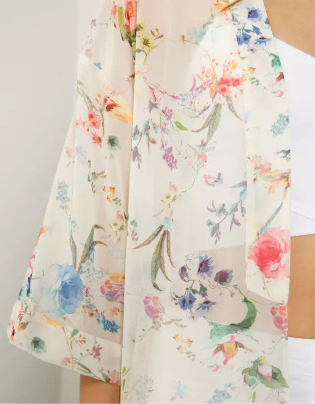 1/2 Sleeves Flower Print Lapel Chiffon  Kimono Blouse