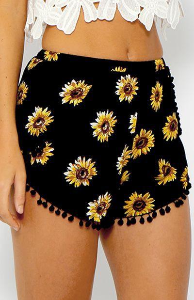 Beach Flower Print Balls Elastic Hot Shorts - Meet Yours Fashion - 2