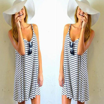 Stripe Spaghetti Strap O-neck Sleeveless Short Dress - Meet Yours Fashion - 2