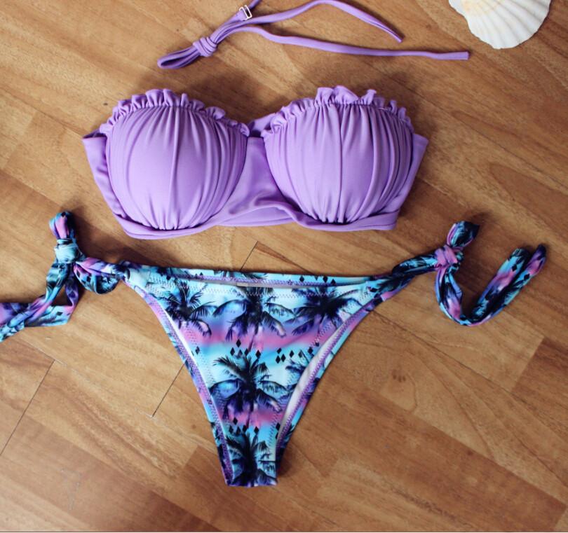 Purple Removable Straps Print Padded Two Pieces Swimwear