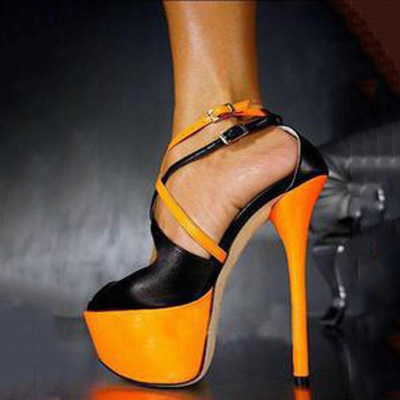 Leather Peep Toe Platform Color Block High Heel Sandals