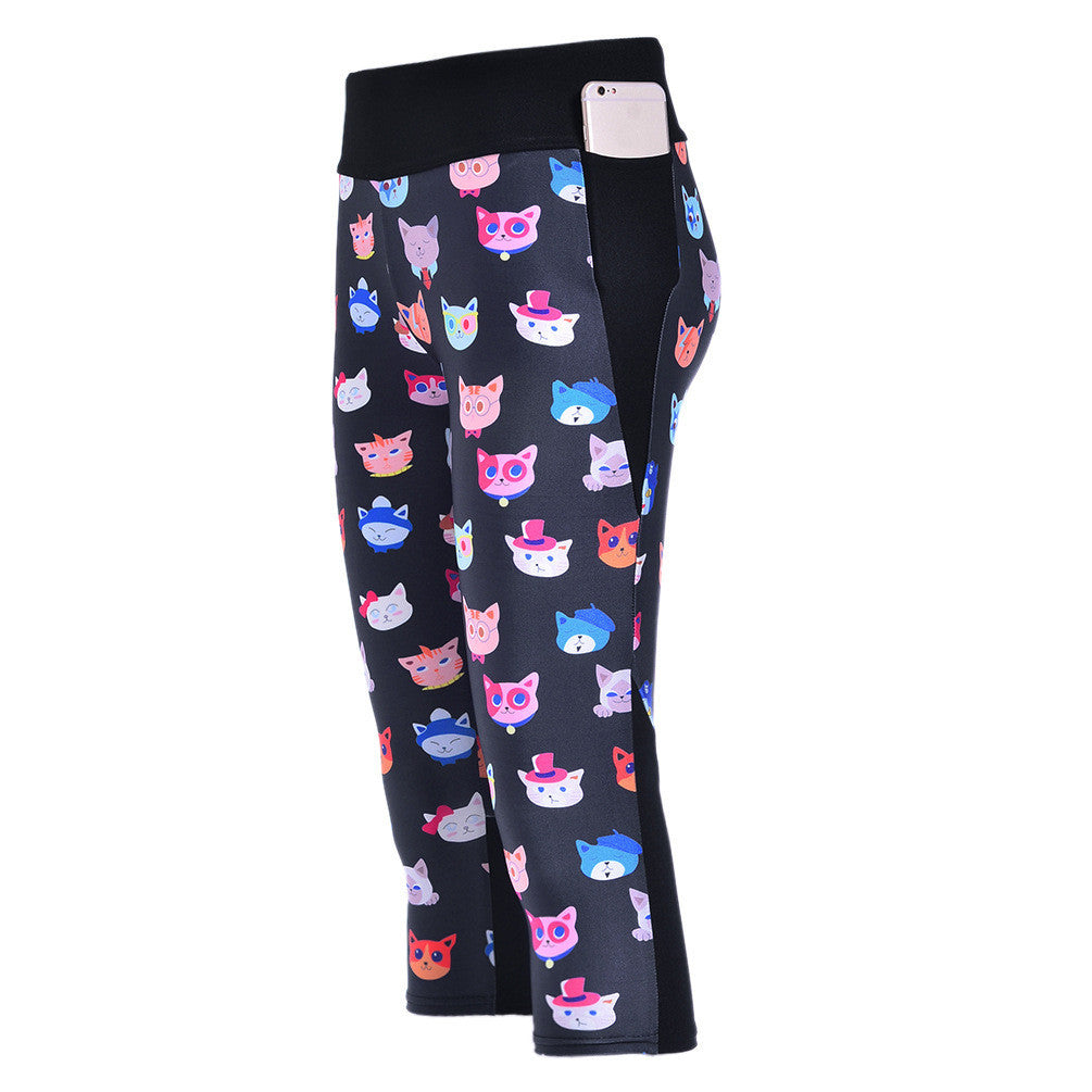 Pencil Skinny Cats Flower Print Skinny 3/4 Yoga Sport Leggings