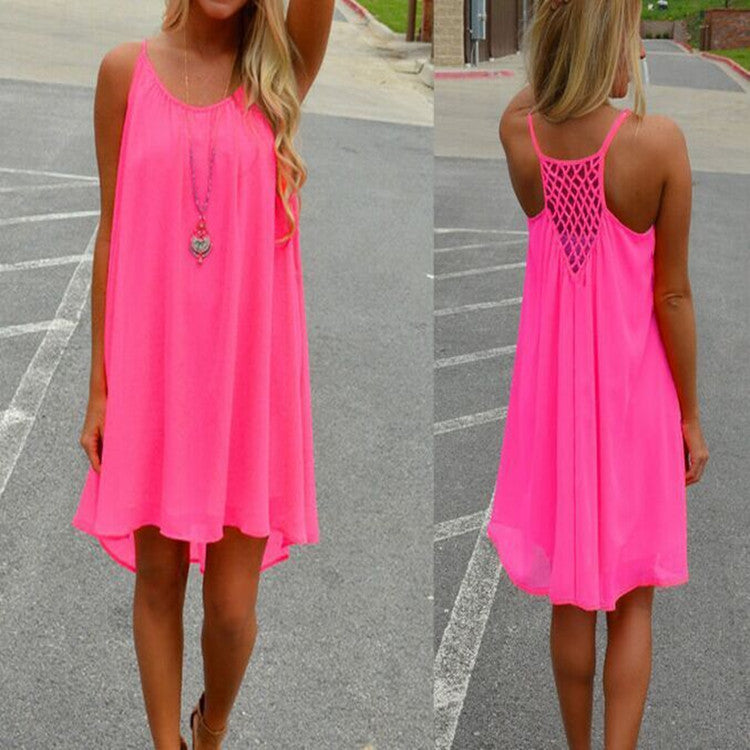 Women Sexy Casual Chiffon Sleeveless Back Hollow Solid A Line Short Dress - May Your Fashion - 6