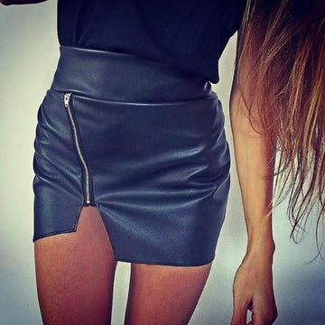 Irregular Zipper PU Bodycon High Waist Slim Short Skirt - Meet Yours Fashion - 2