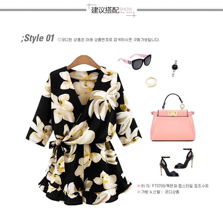 Flower Print 3/4 Sleeves V-neck A-line Fashion Short Jumpsuits - Meet Yours Fashion - 5