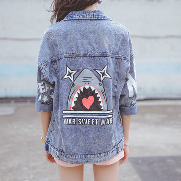 Print Stand Collar Loose Denim Short Coat - May Your Fashion - 2