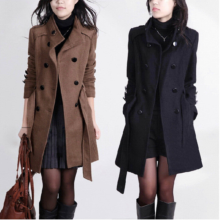 Double Breasted Stand Collar Belt Slim Long Plus Size Coat - May Your Fashion - 2