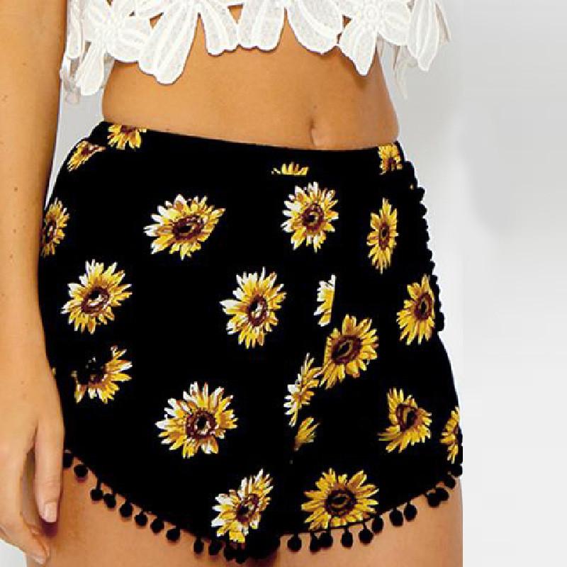 Beach Flower Print Balls Elastic Hot Shorts - Meet Yours Fashion - 1