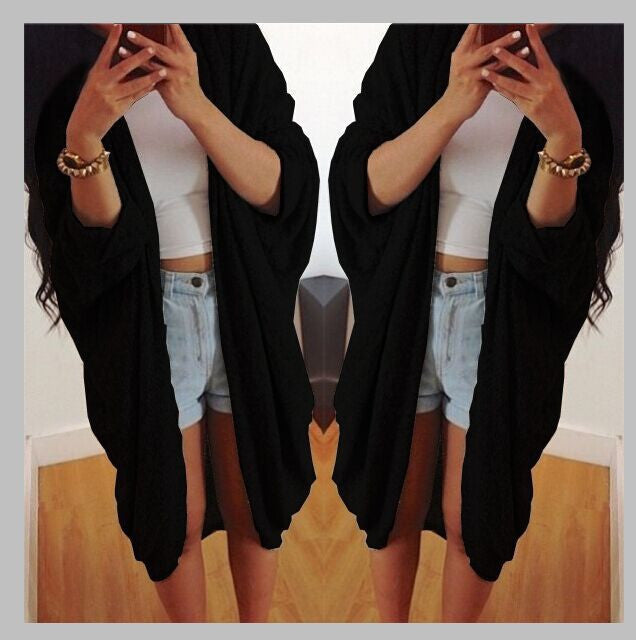 Batwing Solid Pleated Long Cardigan Coat - May Your Fashion - 2