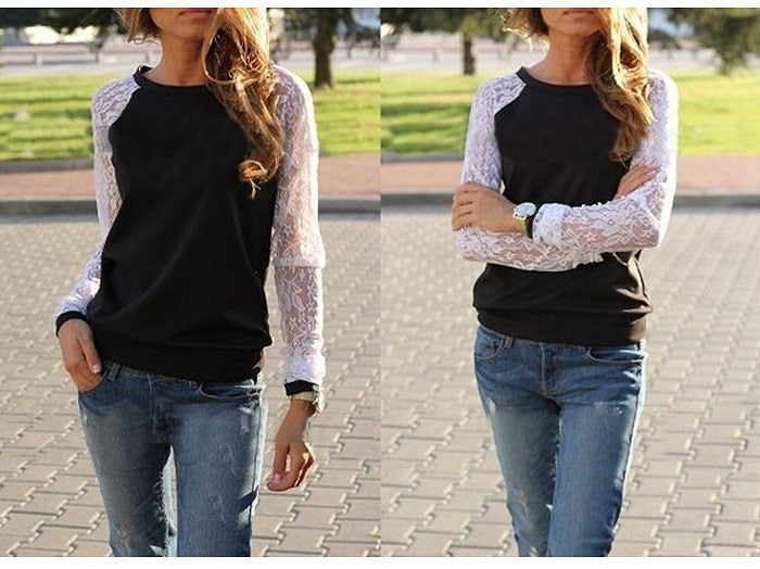 Lace Splicing Scoop Pullover Loose Long Sleeve T-shirt