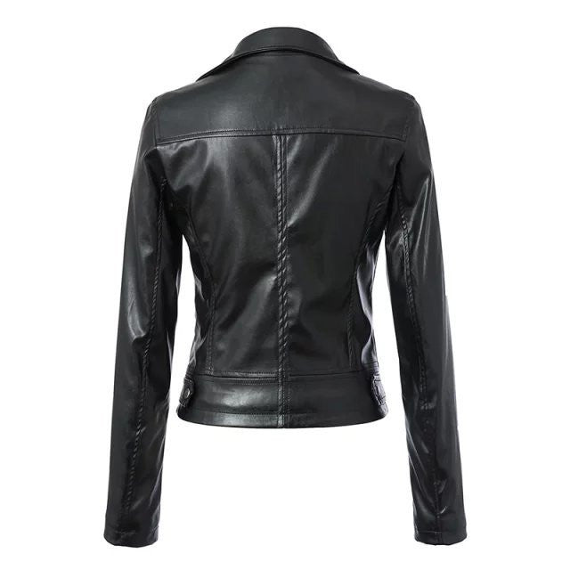Women Black Zipper Rivet Crop Moto Jacket - May Your Fashion - 4