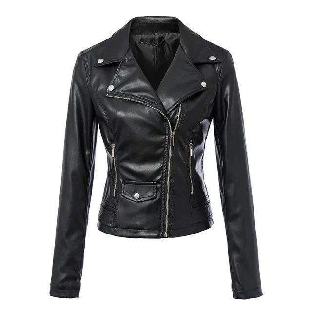 Women Black Zipper Rivet Crop Moto Jacket - May Your Fashion - 1