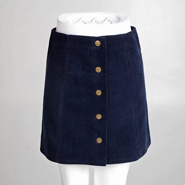 Pure Color Corduroy Button A-Line Mini Skirt