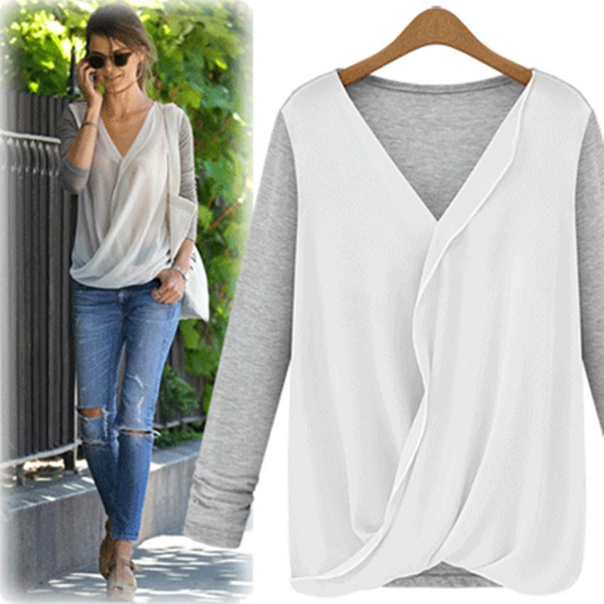 Chiffon Patchwork Ruches V-neck Long Sleeves Fashion Blouse - Meet Yours Fashion - 4