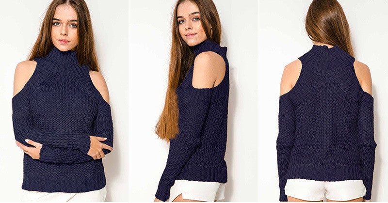 Bear Shoulder High Collar Hollow Pure Color Sexy Sweater - May Your Fashion - 6