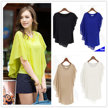 Irregular Scoop Sexy Falbala Chiffon Batwing Blouse - May Your Fashion - 2