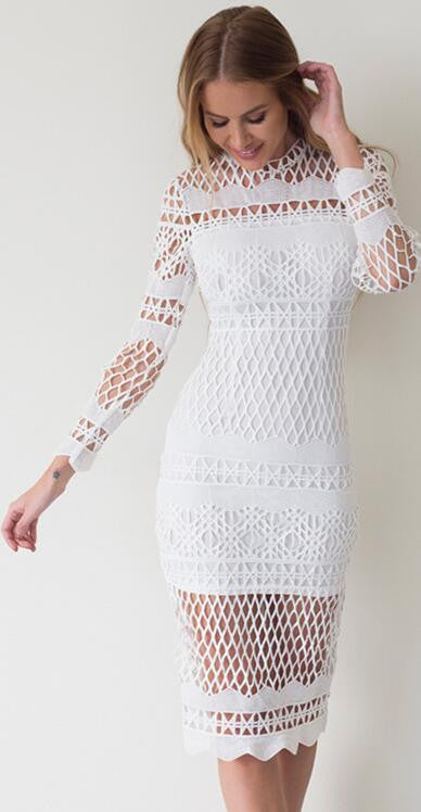 Hollow Out Lace Long Sleeves Knee-length Dress