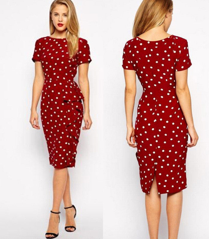 Slim Print Dots O-neck Short Sleeve Knee-length Dress - May Your Fashion - 2
