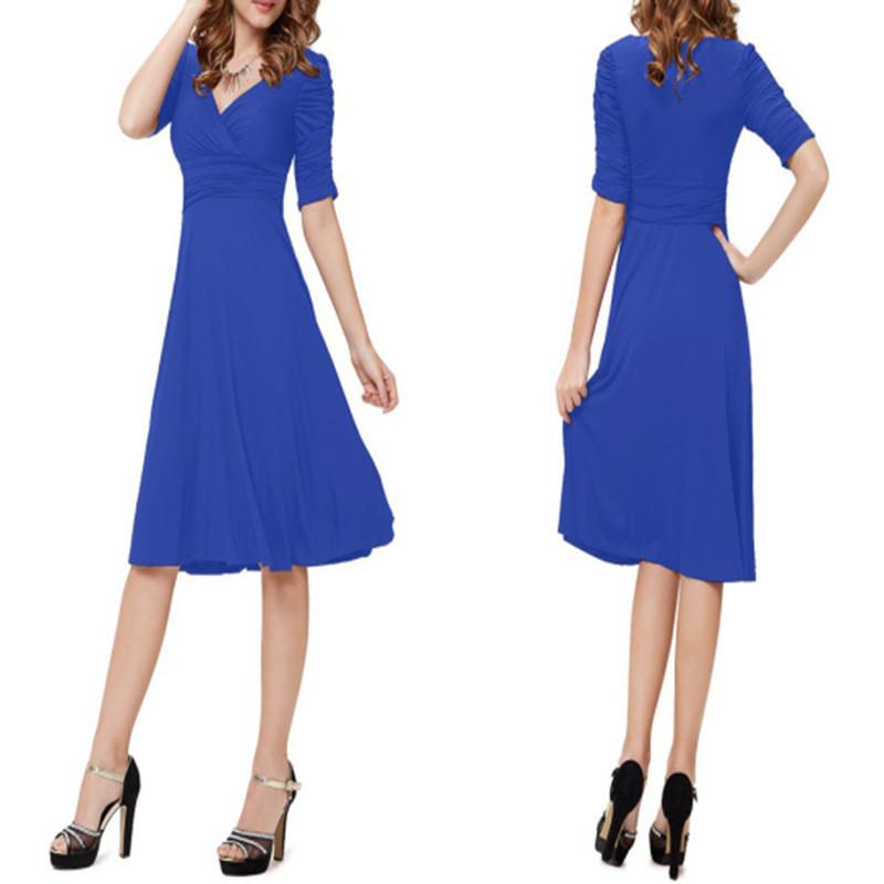 V-neck Ruched Empire Half Sleeves Knee-length A-line Dress - MeetYoursFashion - 2