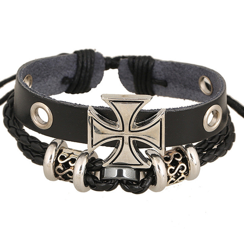 Alloy Beaded Cross Leather Bracelet