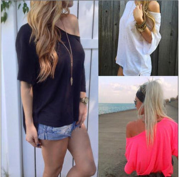 Pure Color Casual Loose Short Sleeves Sexy T-shirt - Meet Yours Fashion - 2