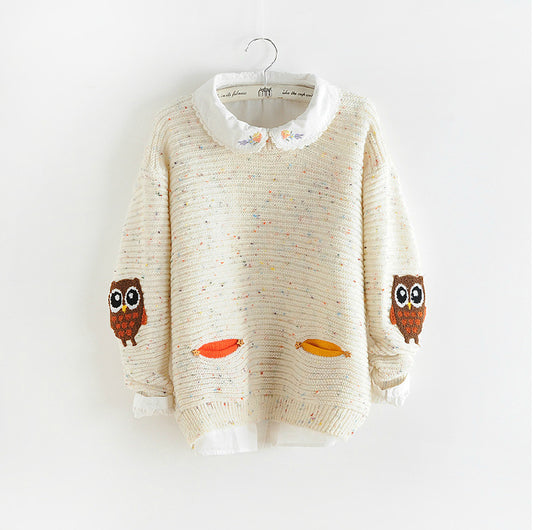 Owl Print Scoop Loose Knit Pullover Sweater