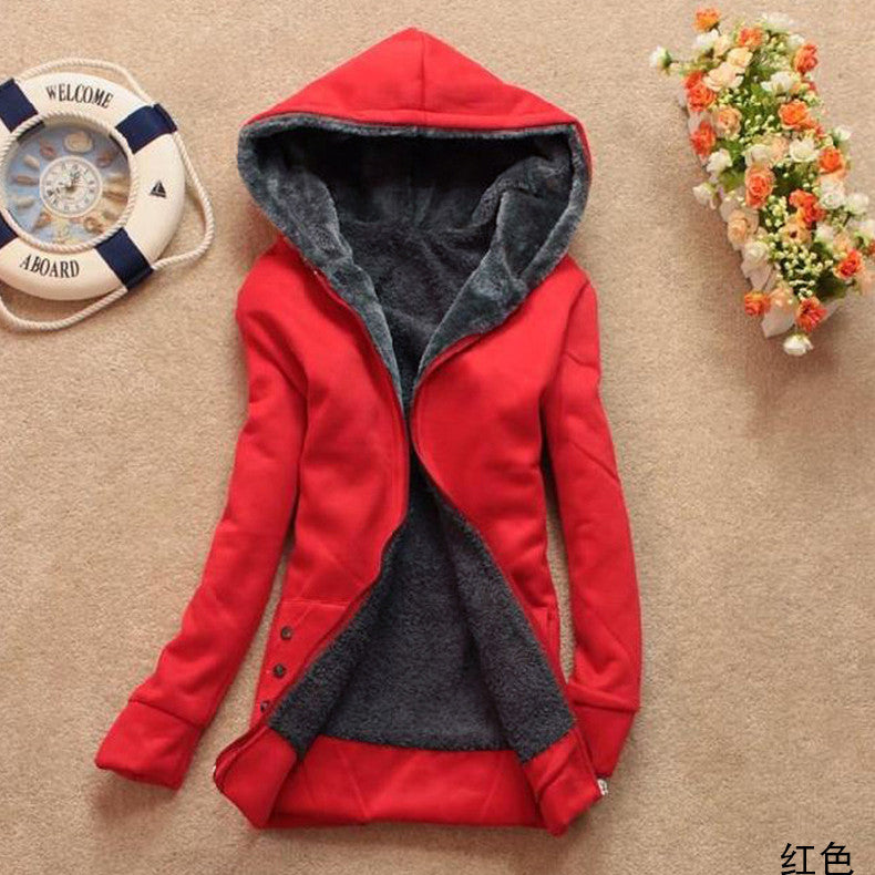 Hooded Thick Long Sleeves Pure Color Slim Mid-length Coat